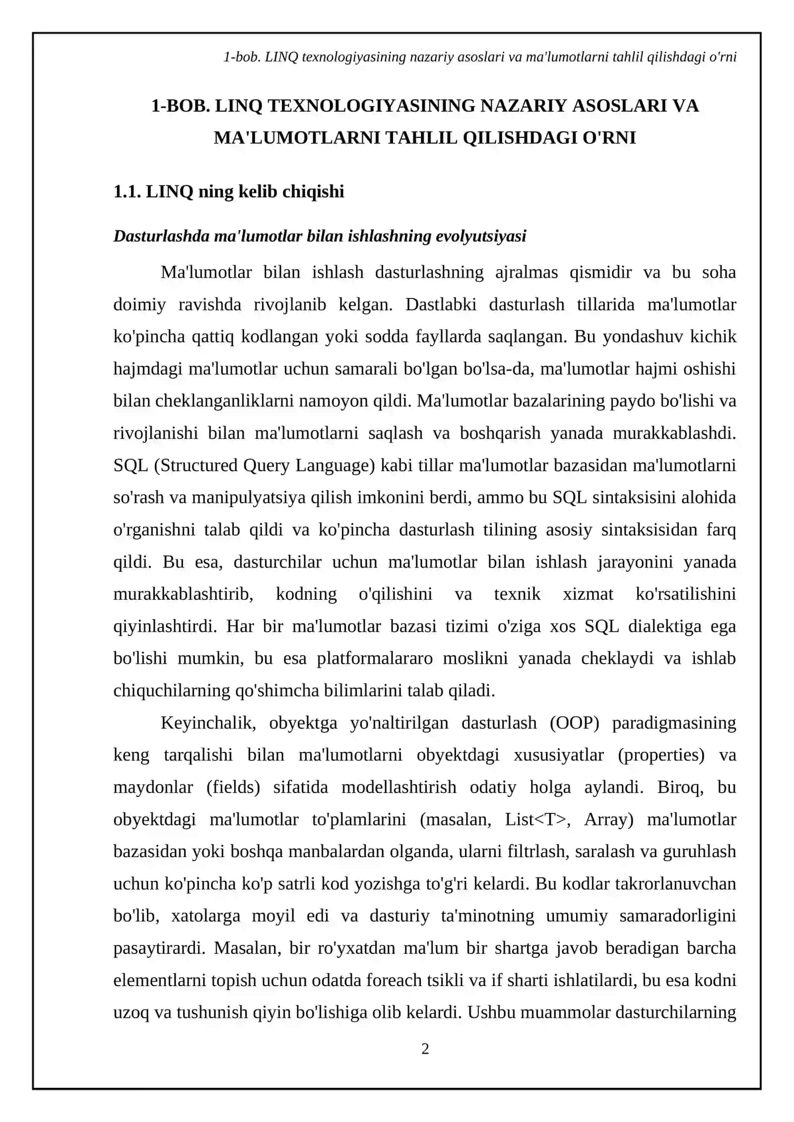 LINQ texnologiyasidan foydalanib ma’lumotlarni tahlil qiluvchi dasturiy ilova ishlab chiqish 4