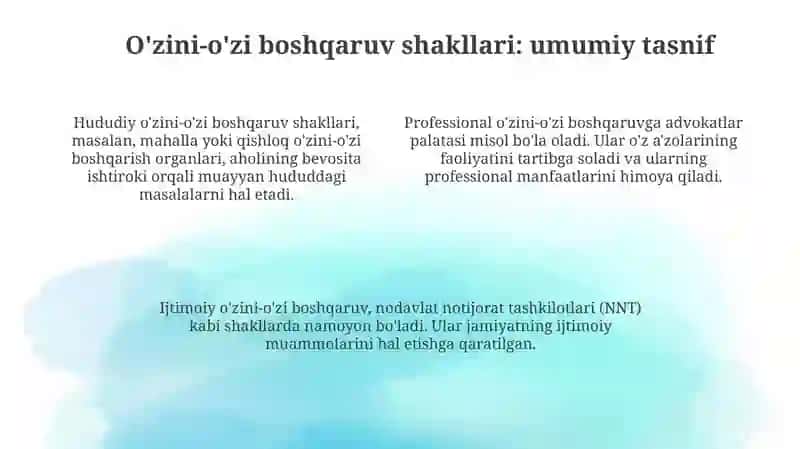 O‘zini o‘zi boshqarishning obektlari, formalari, turlari va mexanizmlari 4
