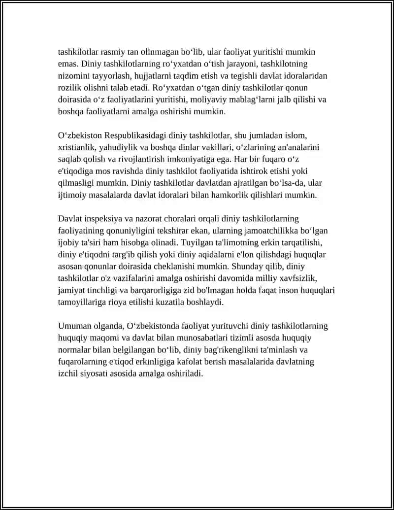 O‘zbekistonda Faoliyat Yurituvchi Diniy Tashkilotlar va Ularning Qonuniy Maqomi 4