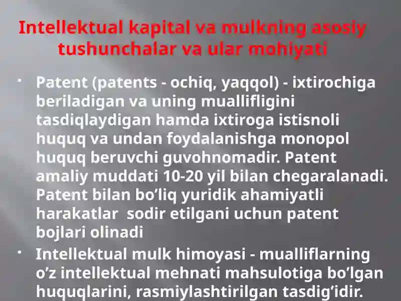 Intellektual kapital va intellektual mulk nishakllantirish va boshqarish 4