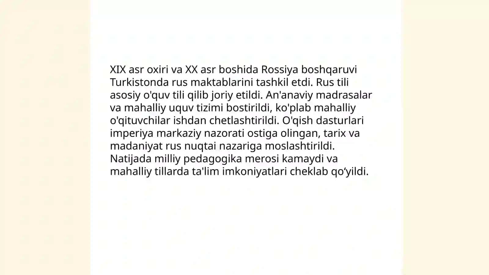 Chor Rossiyaning Turkistonda maorif va madaniyat sohasidagi mustamlakachiligi va uning salbiy oqibatlari 4