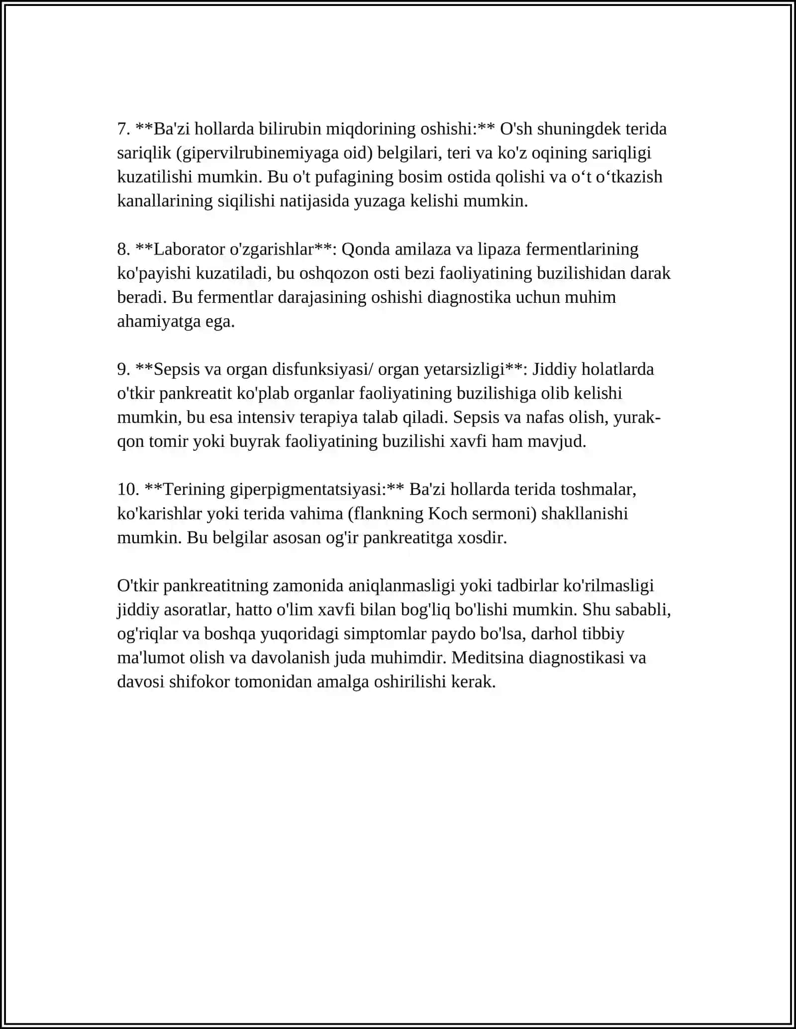O'TKIR VA SURUNKALI PANKREATIT. KLINIKASI, DIAGNOSTIKASI, TASHXIS QO'YISH, SOLISHTIRMA TASHXIS VA DAVOLASH USULLARI 4
