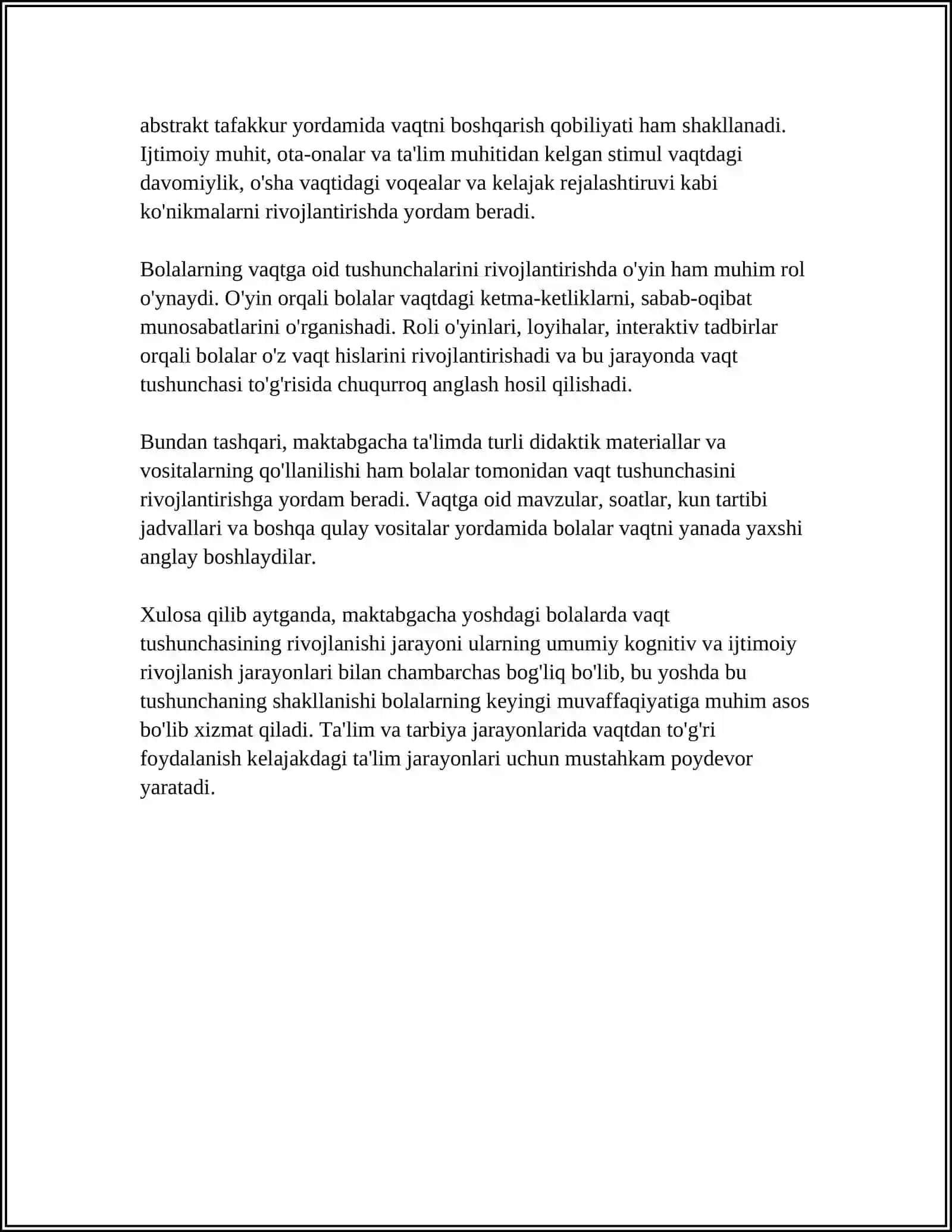 MAKTABGACHA TAʼLIM TASHKILOTLARIDA HAR BIR YOSH GURUHLARIDA VAQT HAQIDAGI TASAVVURLARNI RIVOJLANISHI 4