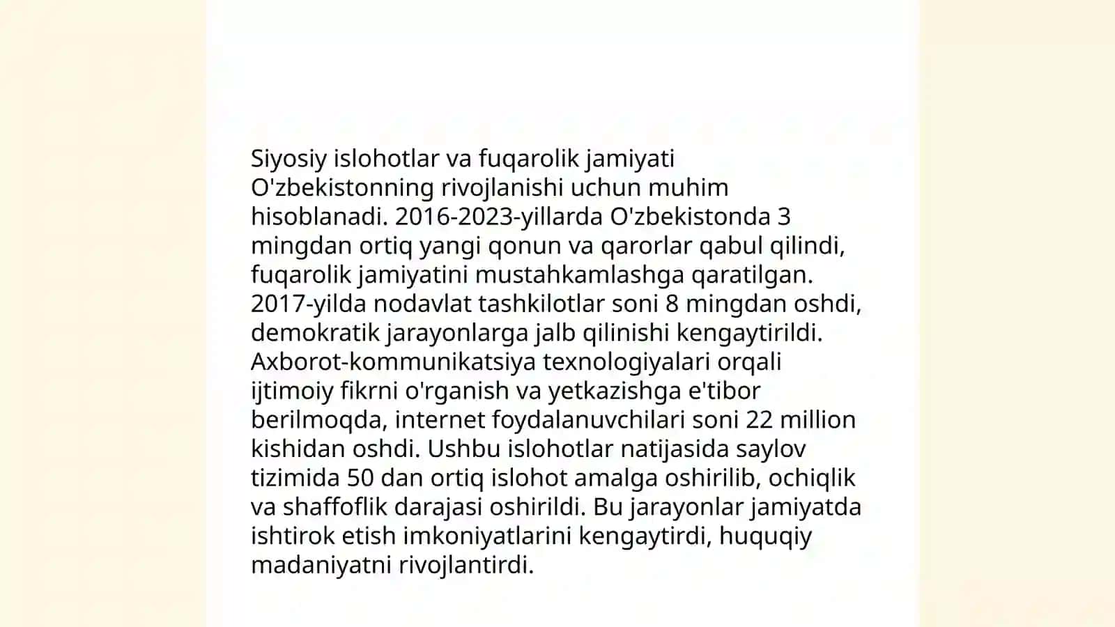 Oʻzbekiston demokratik fuqarolik jamiyati asoslarining shakllantirilishi amalga oshirilgan siyosiy islohotlar 4