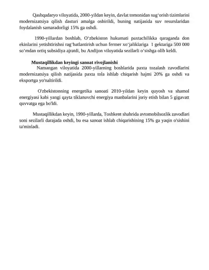 Mustaqillik yillarida qishloq xo‘jaligi va sanoat sohasidagi o‘zgarishlar 4