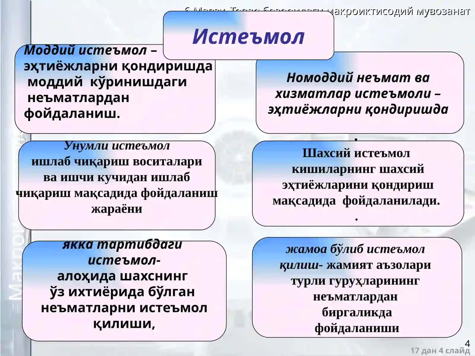 ИСТЕЪМОЛ, ЖАМҒАРМА ВА ИНВЕСТИЦИЯЛАРИҚТИСОДИЙ ЎСИШ ВА МИЛЛИЙ БОЙЛИК 4