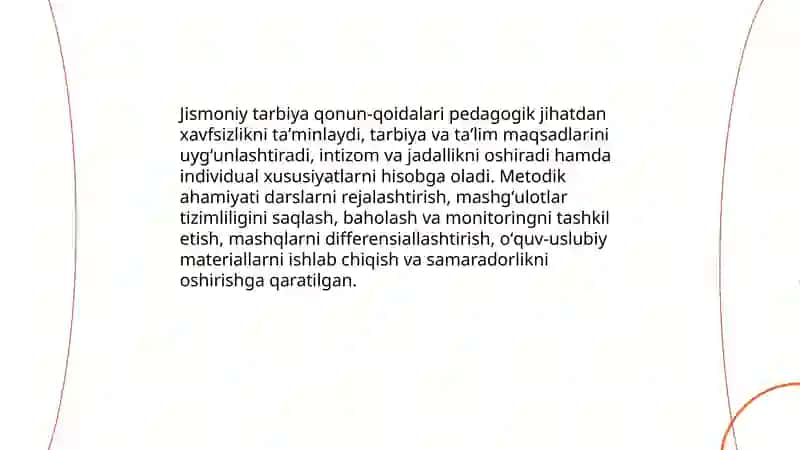 Jismon tarbiyaning didaktik tamoyillari va qonun-qoidalarining ahamiyati adabiyotlarni tahlil qilish va ma'lumotlarni saralash hamda umumlashtirish 4