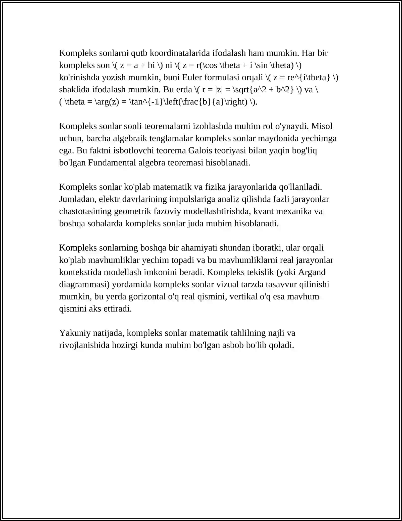 KOMPLEKS SONLAR VA ULARNING FORMALARI. MUAVR FOʻRMULALARI 4
