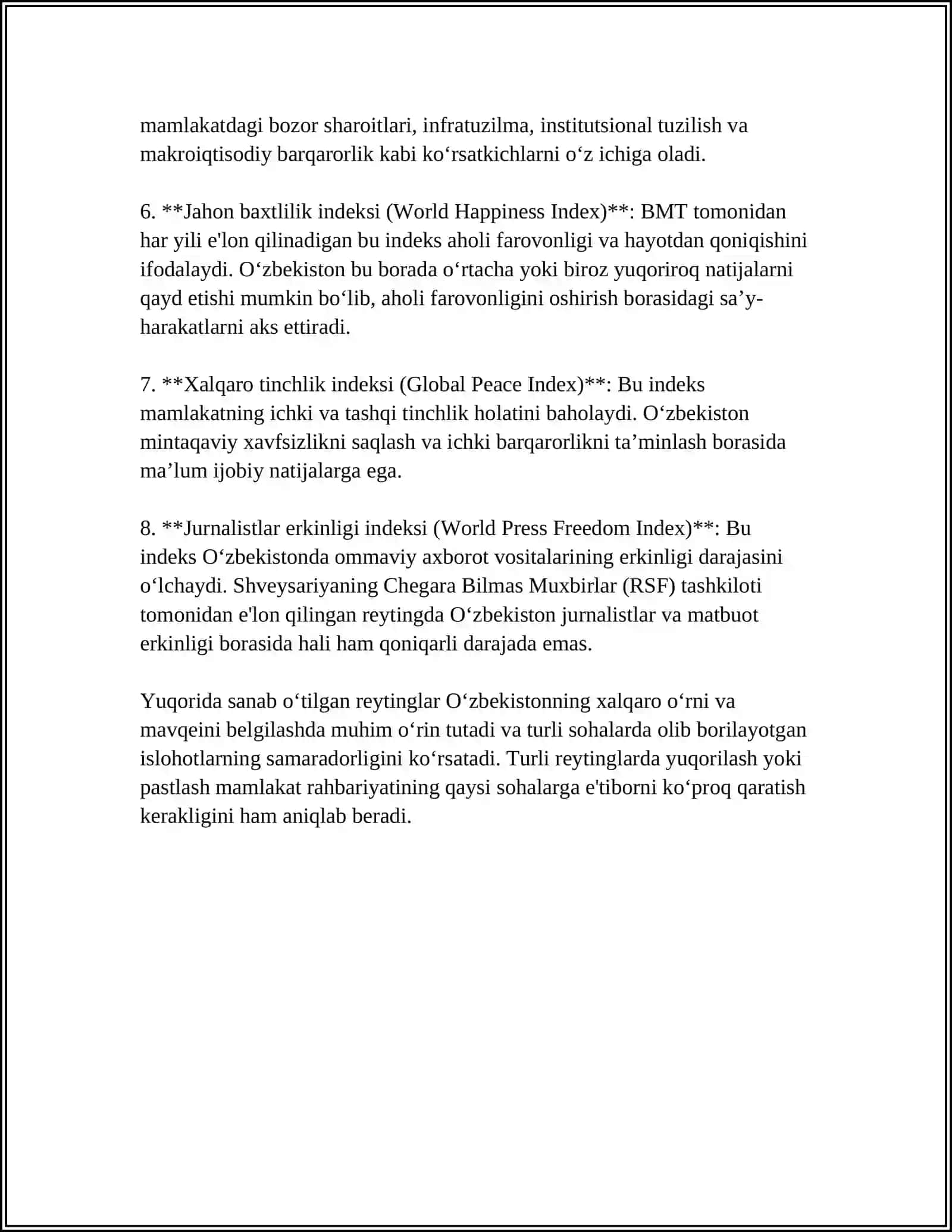 O‘ZBEKISTON XALQARO REYTINGLARIDAGI KO‘RSATKICHLARINI KO‘TARISHDAGI TARIXIY VA SIYOSIY AHAMIYATI 4