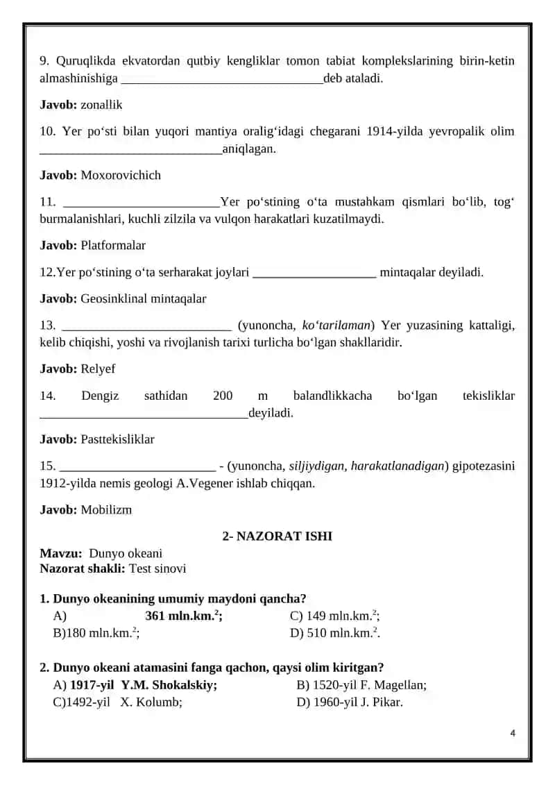 UMUMTA’LIM MAKTABLARI 6-SINF O‘QUVCHILARI UCHUN GEOGRAFIYA FANIDAN YILLIK NAZORAT ISHLARI JAMLANMASI 4