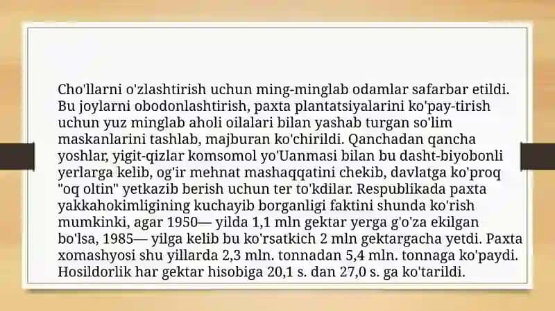 O'zbekistonda 50-70 yillarda paxta yakkahokimligining kuchayishi va ekologik muammolarning kelib chiqishi 4