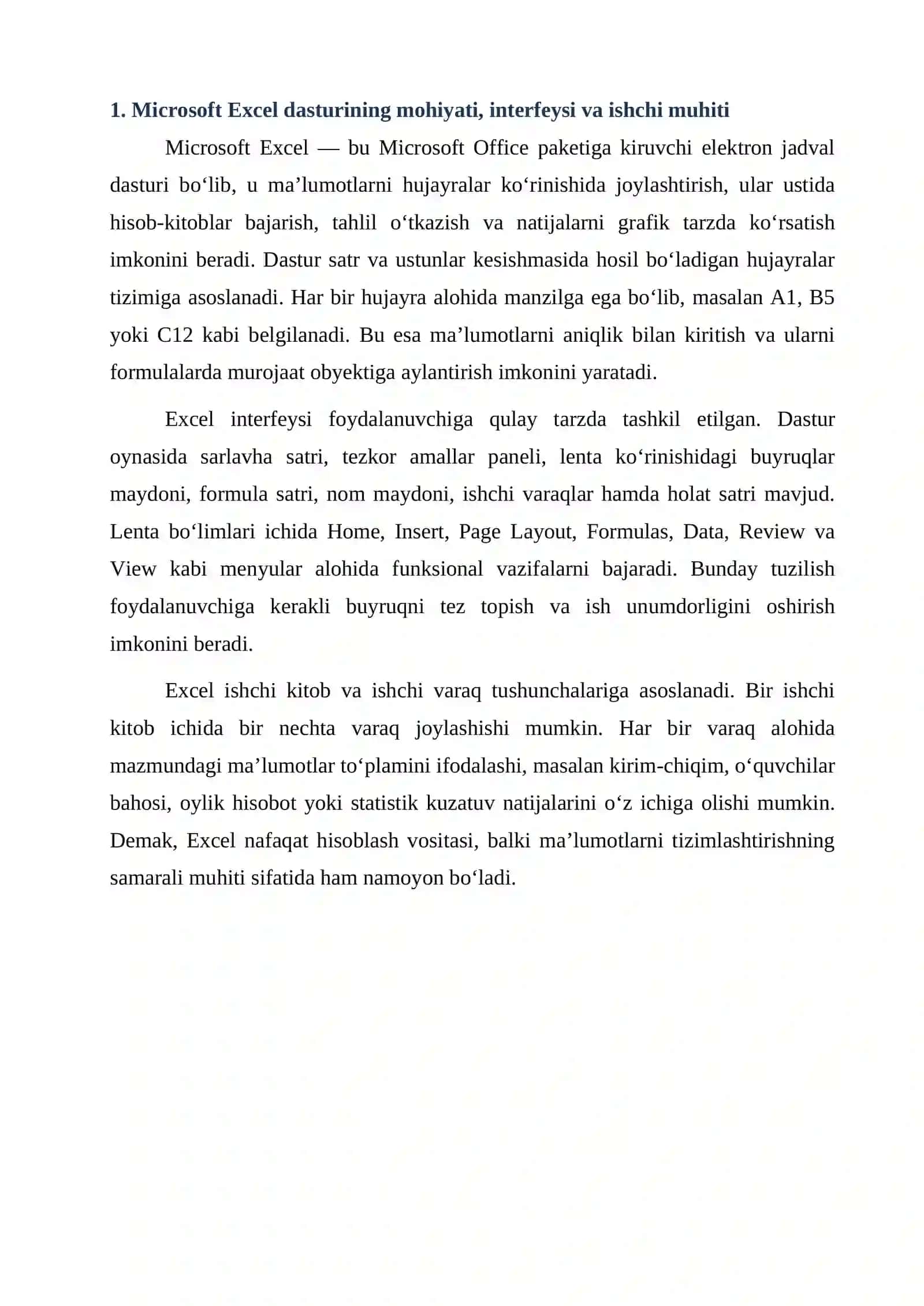 MICROSOFT EXCEL: ASOSIY FUNKSIYALARI VA AMALIY QO‘LLANILISHI 4