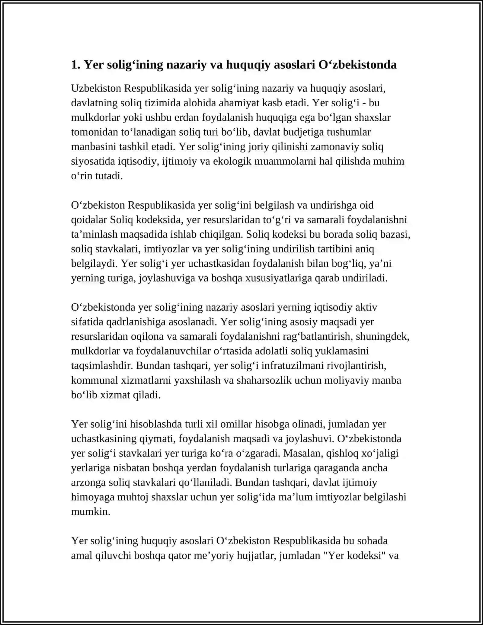 O’ZBEKISTON RESPUBLIKASI SOLIQ TIZIMIGA YER SOLIGINING JORIY QILISHI VA UNING IQTISODIY MOHIYATI 4