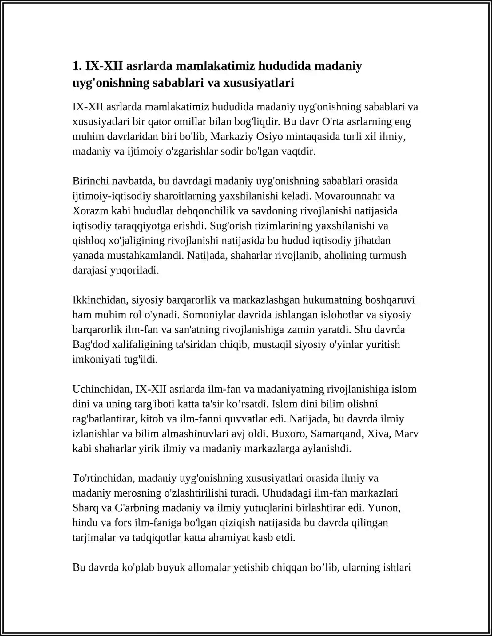 IX-XII ASRLARDA MAMLAKATIMIZ HUDUDIDA MADANIY UYG'ONISH (RENESSANS). BUYUK ALLOMALARNING JAHON SIVILIZATSIYASIGA QO'SHGAN HISSASI 4