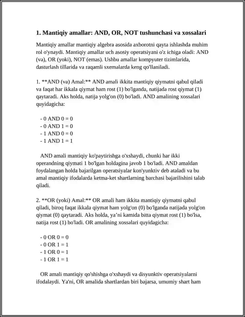 MANTIQIY AMALLAR VA MANTIQIY ALGEBRA ASOSIDA AXBOROTNI QAYTA ISHLASH 4