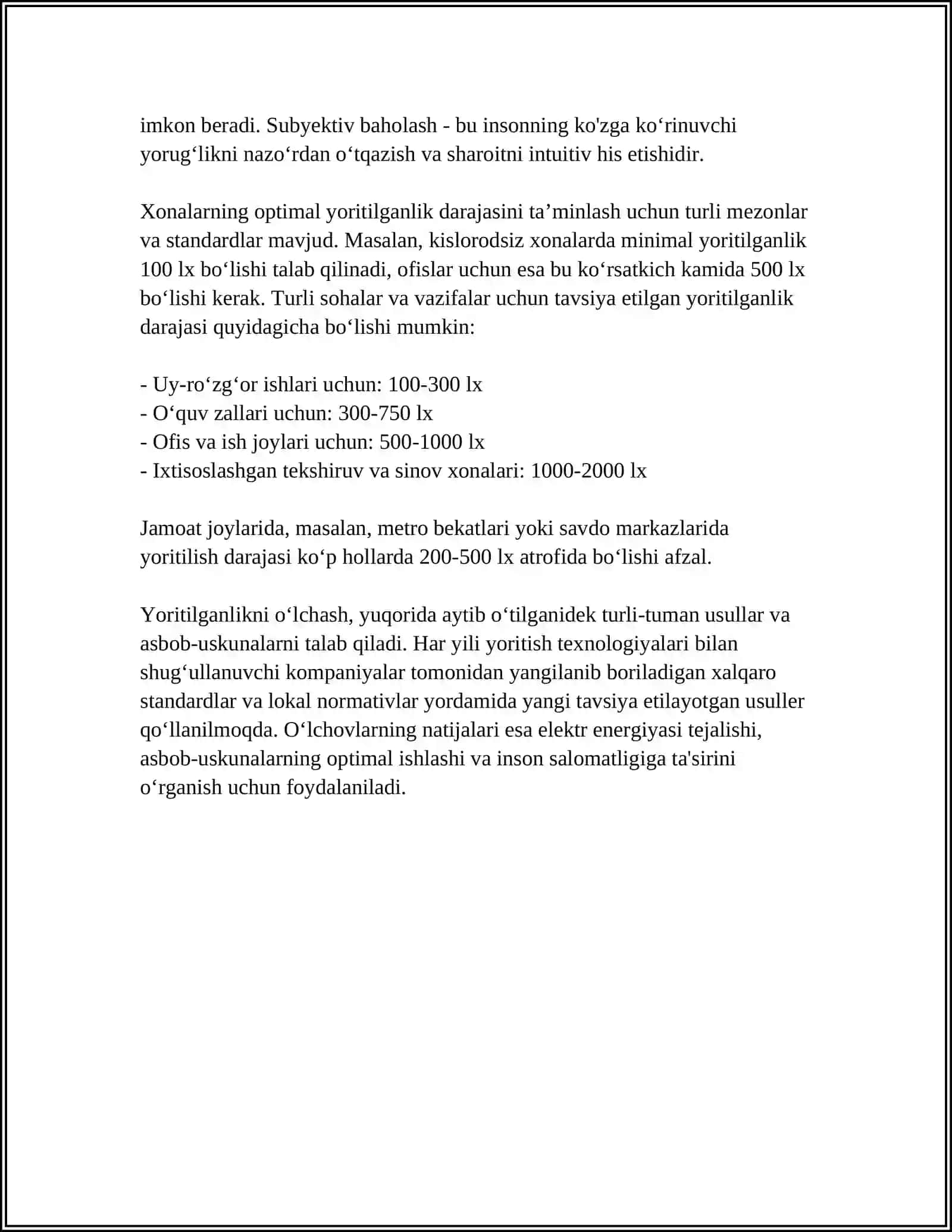 XONALARNING TABIIY VA SUNIY YORITILGANLIK KORSATKICHLARINI TEKSHIRISH VA BAHOLASH 4
