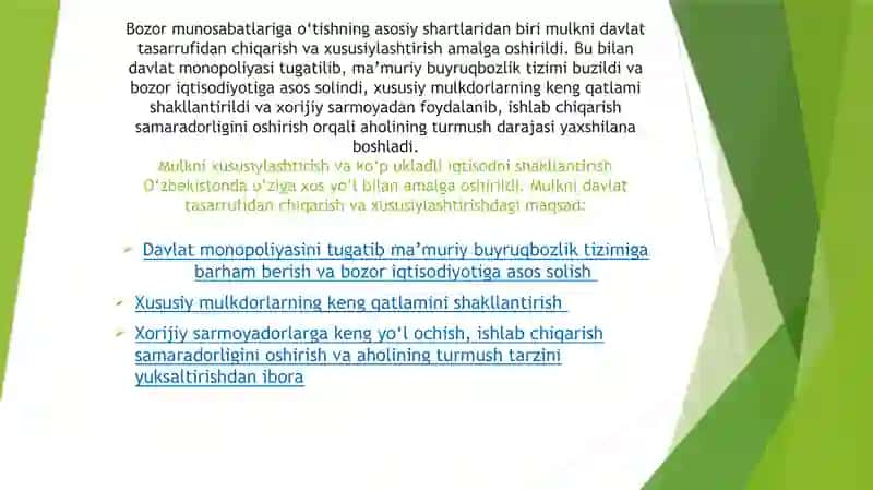 IQTISODIY ISLOHOTLAR, XUSUSIY MULKCHILIKNING SHAKLLANISHI. O‘ZBEKISTONDA BOZOR MUNOSABATLARINING RIVOJLANISHI 4