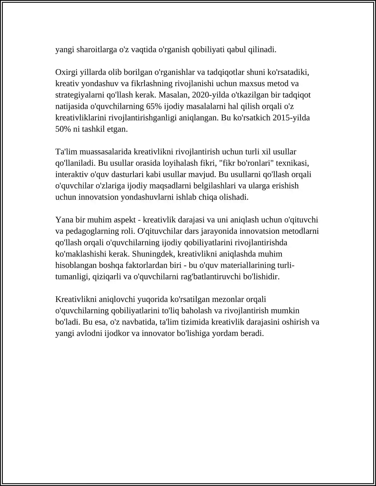 PEDAGOGLAR KREATIVLIK IMKONIYATLARINING DARAJASINI ANIQLOVCHI MEZONLAR 4