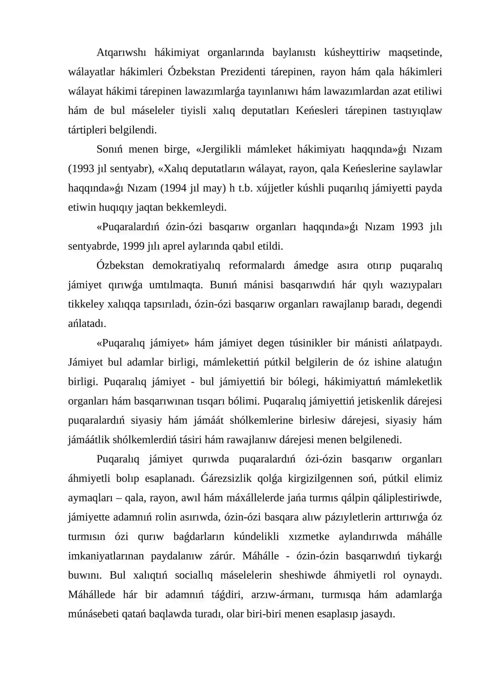 6-Tema. Ózbekstanda demokratiyalıq, puxaralıq jámiyet tiykarlarınıń qáliplesiwi, ámelge asırılǵan siyasiy reformalar 4