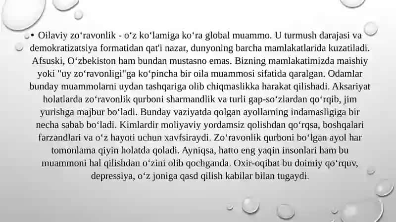 O‘zbekistonda oilaviy zo’ravonlikka qarshi kurash masalalari 4