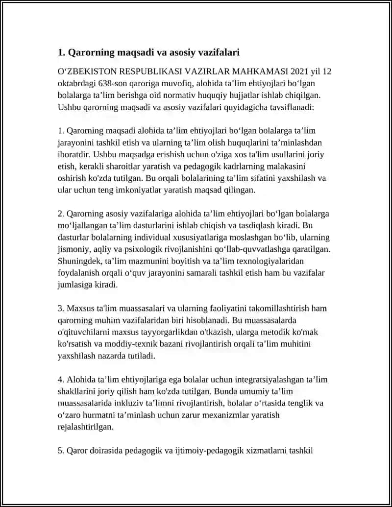 O‘ZBEKISTON RESPUBLIKASI VAZIRLAR MAHKAMASI 2021 YIL 12 OKTABRDAGI 638-SON ALOHIDA TAʼLIM EHTIYOJLARI BOʻLGAN BOLALARGA TAʼLIM BERISHGA OID NORMATIV HUQUQIY HUJJATLARNI TASDIQLASH TOʼGʻRISIDAGI QARORI 4