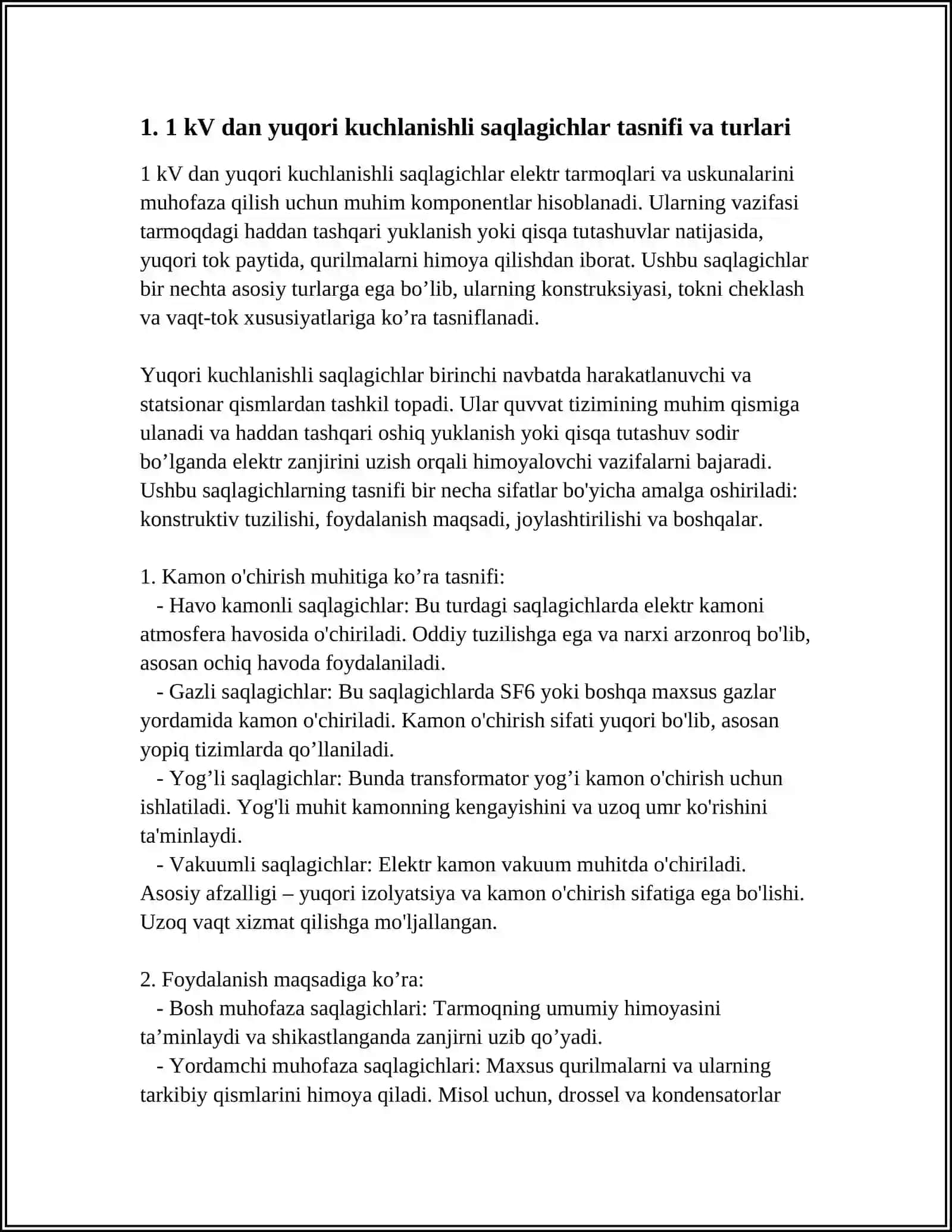 1 KV DAN YUQORI KUCHLANISHLI SAQLAGICHLARINI TURLARI, KONSTRUKSIYASI, TOKNI CHEKLASH VA VAQT-TOK XUSUSIYATLARI 4