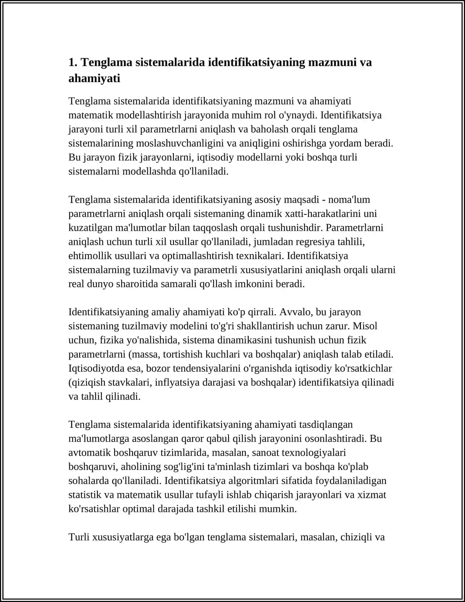 TENGLAMALAR SISTEMASIDA IDENTIFIKATSIYALASH MASALALARI. TUZILMAVIY MODEL PARAMETRLARINI BAHOLASH 4