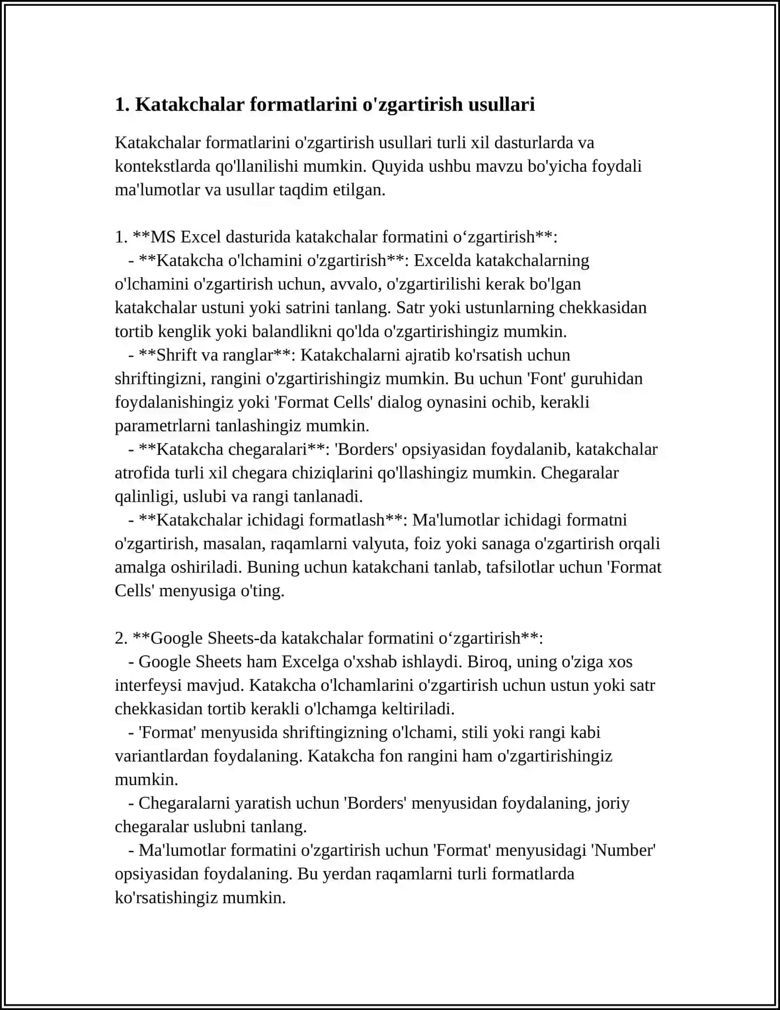MS EXCEL DASTURIDA KATAKCHALAR FORMATLARINI OʻZGARTIRISH. AVTO TOʻLDIRISH FUNKSIYAIDAN FOYDALANISH 4