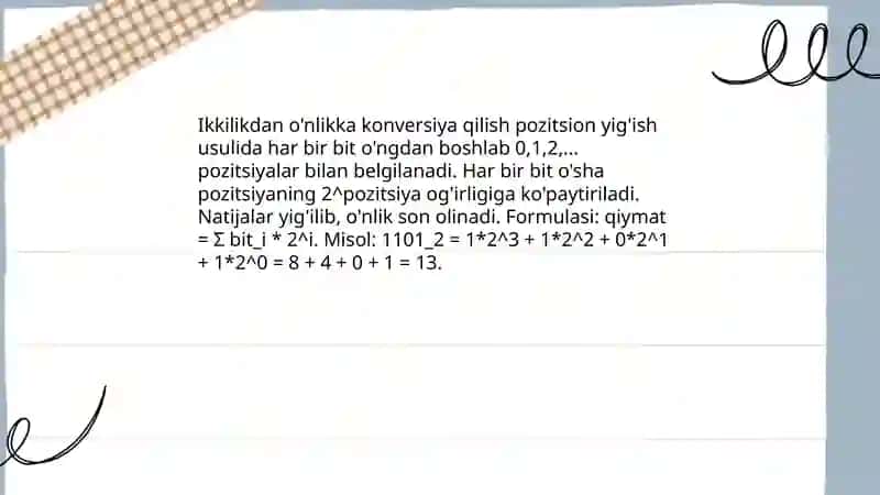 O'nlikdan ikkilikka konversiya qilish bo'lish va qoldiq usuli 4