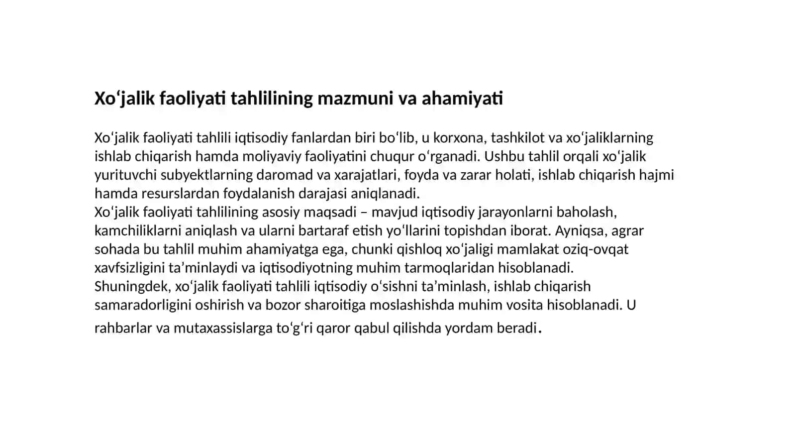Xo‘jalik faoliyati tahlili fanidan REJA 4