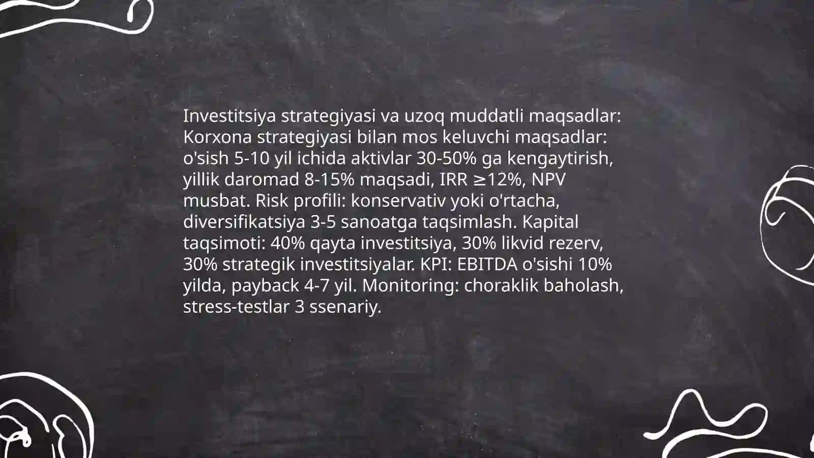 Korxonaning uzoq muddatli investitsiyalari hamda ularning tahlili 4