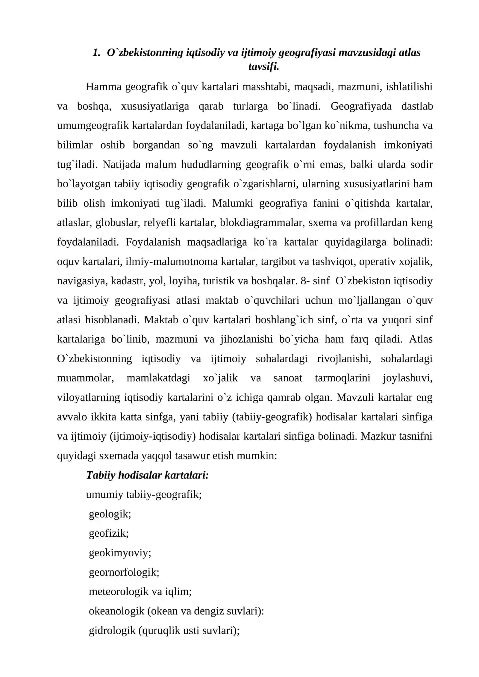 O`zbekistonda chop etilgan ijtimoiy- iqtisodiy mavzudagi xarita atlaslarni o`rganish, baholash va tahlil qilish 4