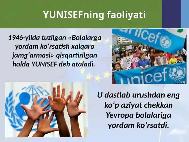 UNICEF tashkiloti va uning maqsad va vazifalari. BMT bolalar huquqi himoyachisi. 4