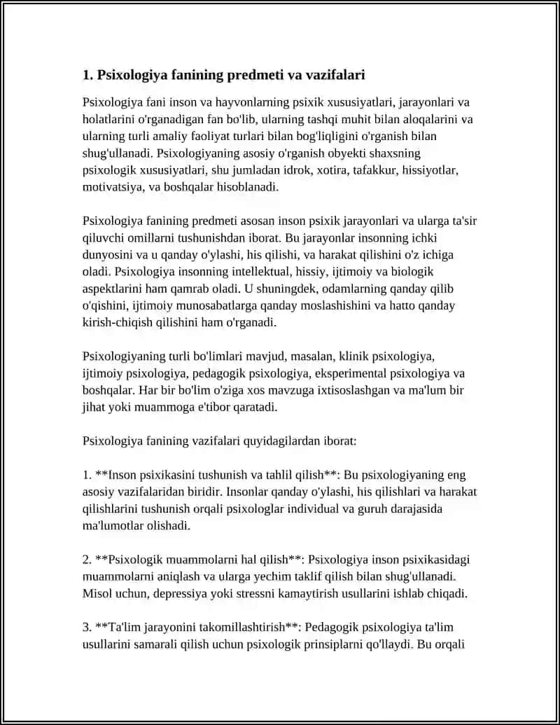 PSIXOLOGIYA FANINING PREDMETI VA RIVOJLANISH TARIXI. PSIXOLOGIYANING TATQIQOT METODLARI VA TARMOQLARI. XULQ-ATVORNING PSIXOFIZIOLOGIK ASOSI 4