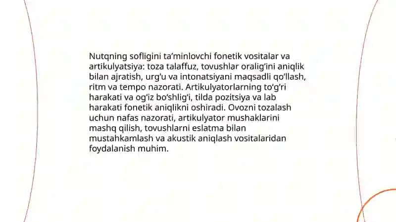 Ogʻzaki madaniy nutqning asosiy kommunikativ sifatlari: nutqning sofligi, boyligi, ifodaliligi voqeylanishi tahlil 4