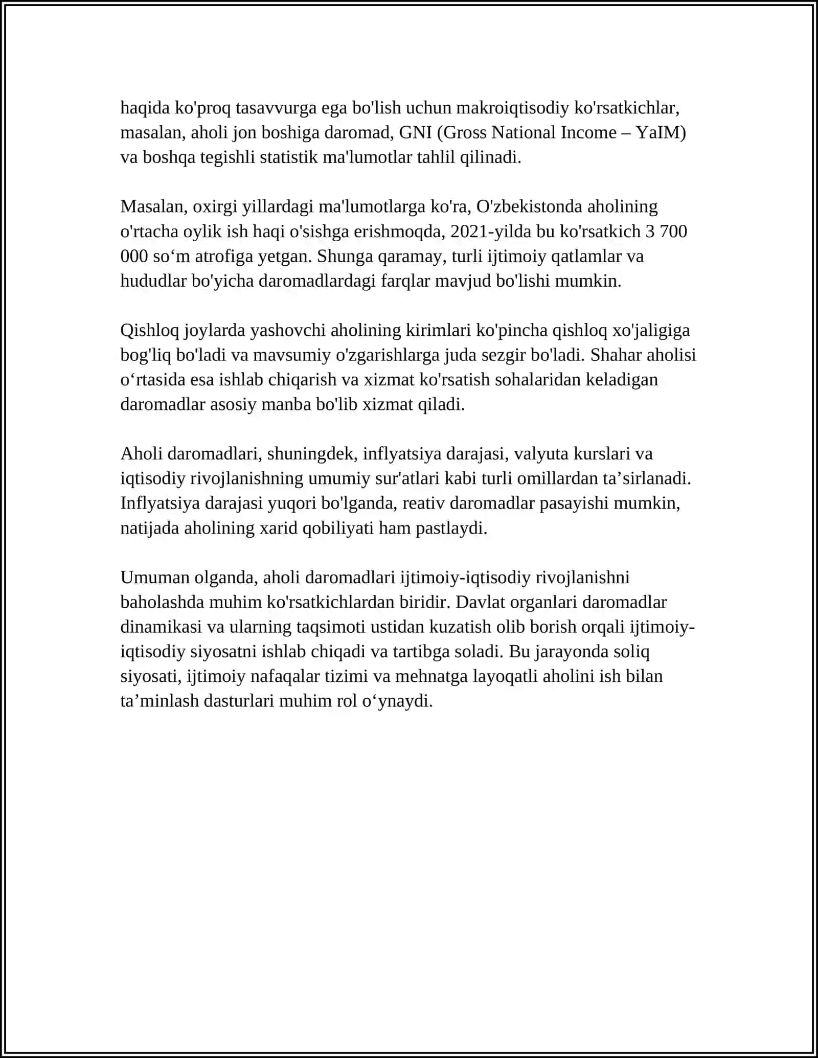 MUSTAQIL ISH Mavzu: AHOLI DAROMADLARI VA DAVLATNING IJTIMOIY SIYOSATI 4