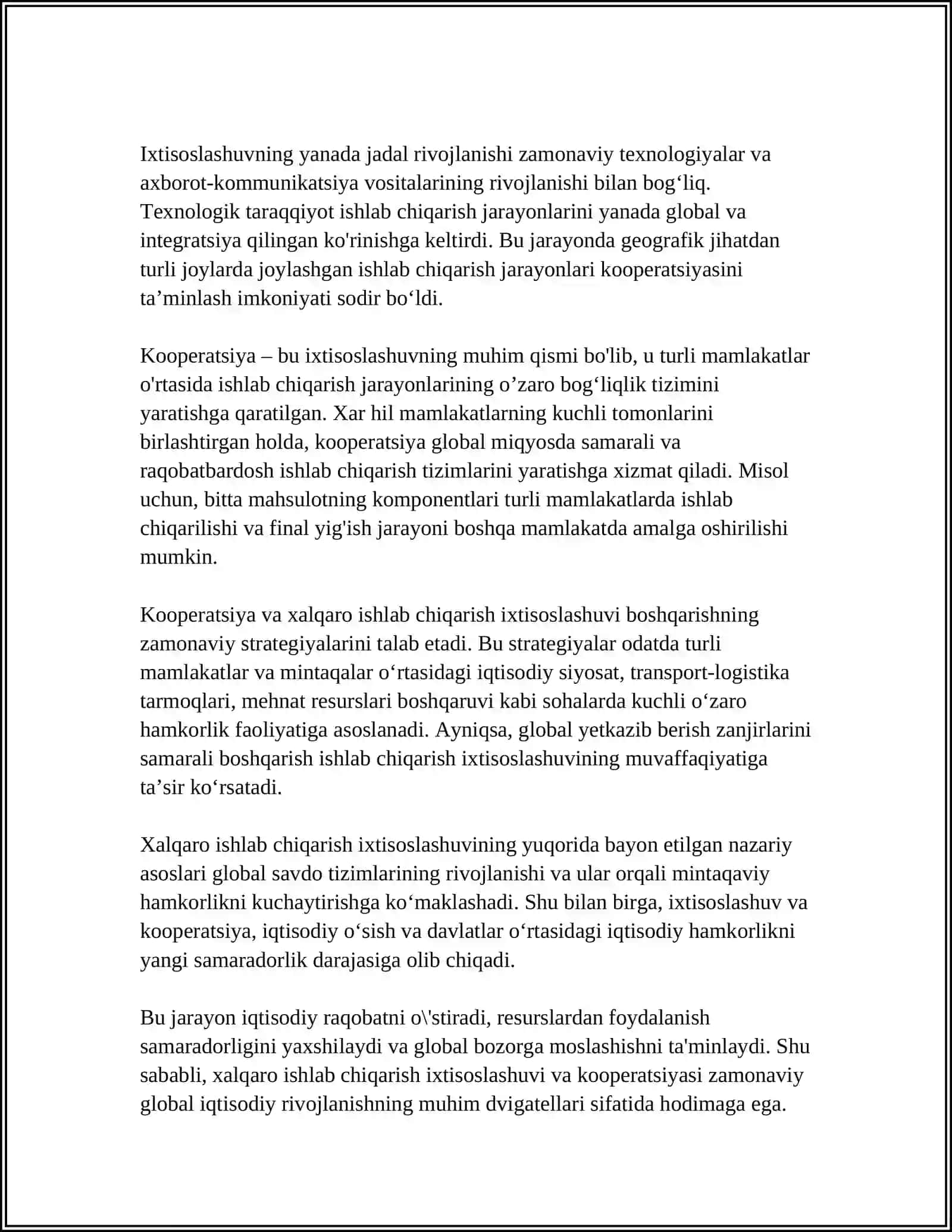 XALQARO ISHLAB CHIQARISHNING IXTISOSLASHUVI VA KOOPERATSIYASI 4