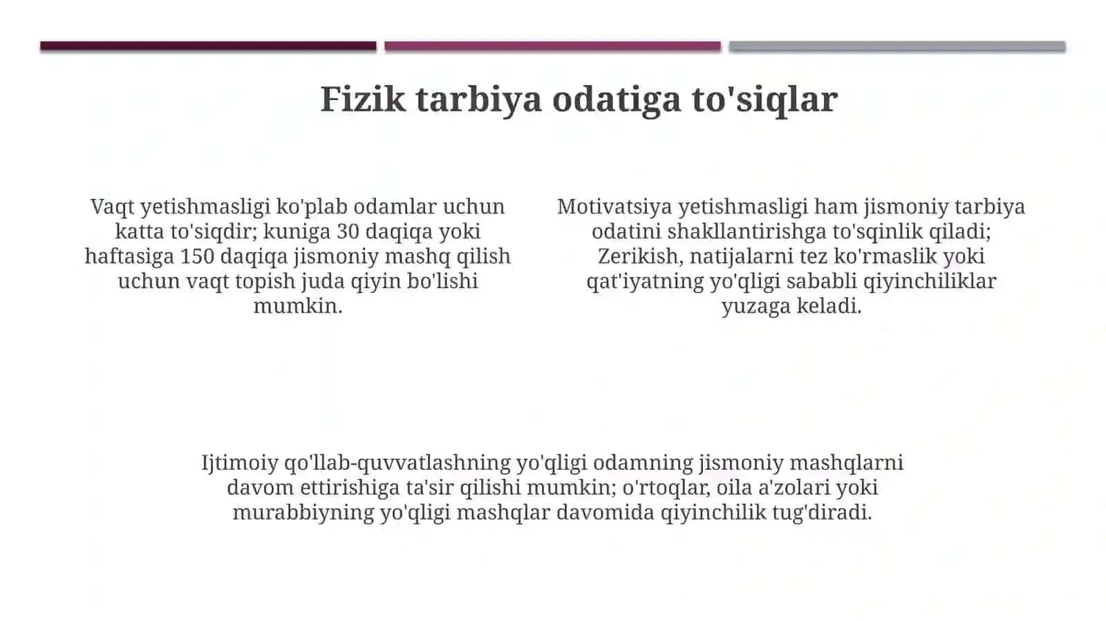 Jismoniy tarbiya mashg'ulotlari bilan shug'ullanishni odatga aylantirish yo'llari 4