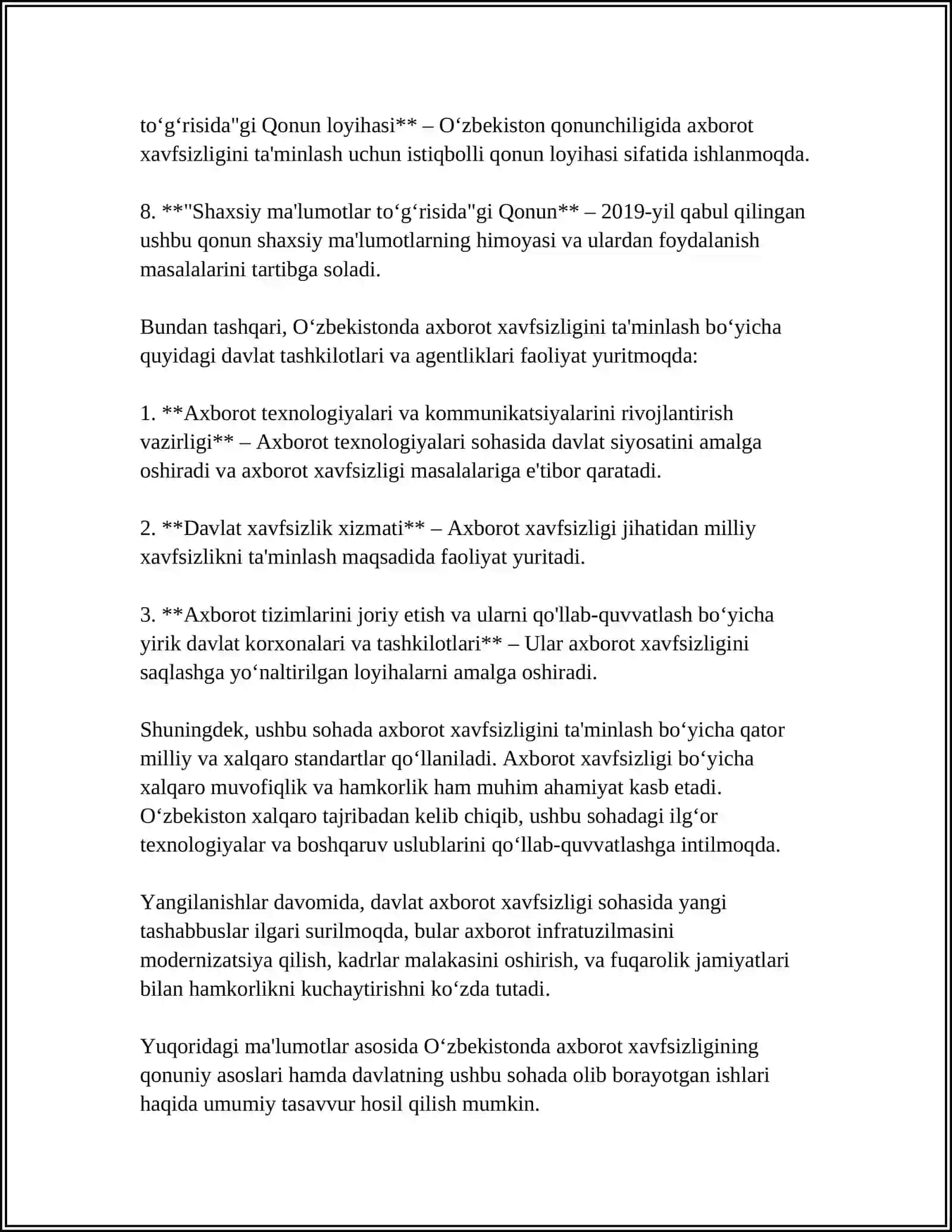 OʻZBEKISTONDA AXBOROT XAVFSIZLIGI VA MA'NAVIY HUQUQIY ASOSLARI 4