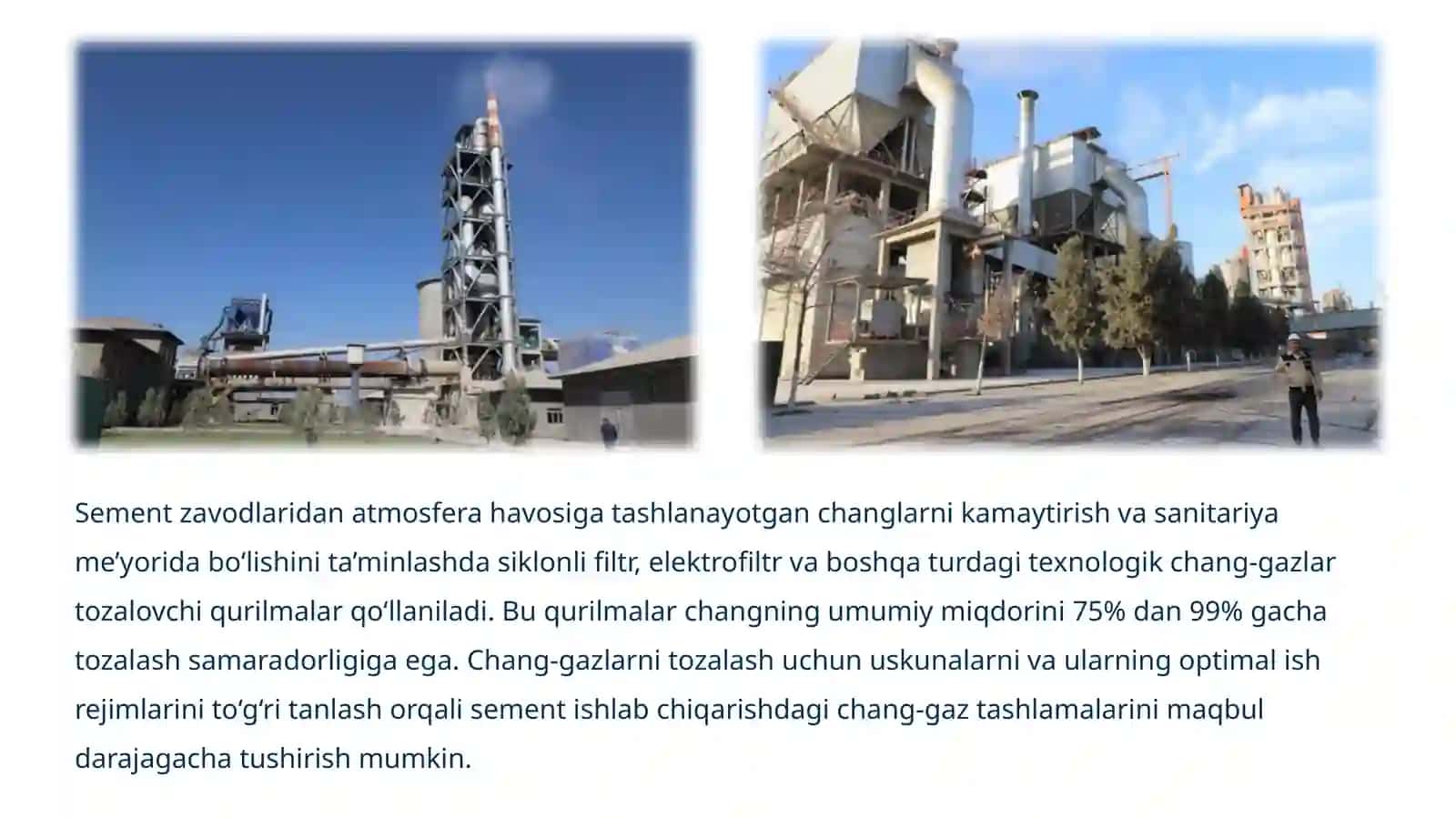 Atmosferaga asosiy ta’sir ko‘rsatuvchi tarmoqlar. Sement zavodlaridan atmosfera havosiga tashlanyotgan changlarni kamaytirish 4