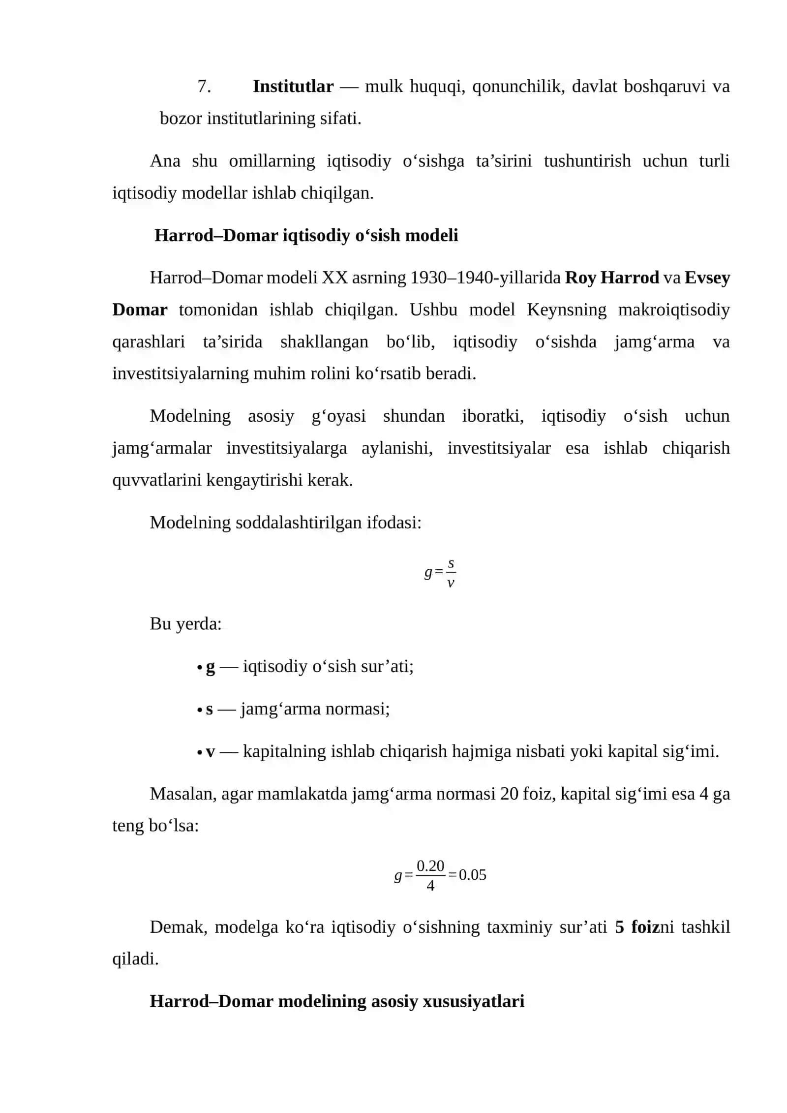 IQTISODIY O‘SISHNING DINAMIK MODELLARINI (HARROD–DOMAR, SOLOU, ROMER VA BOSHQALAR) TAQQOSLASH HAMDA ULARNING AFZALLIK VA KAMCHILIKLARI 4