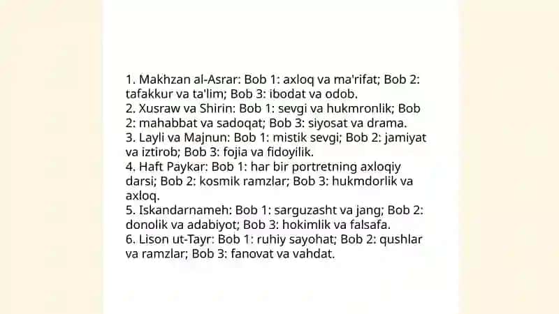 Xamsadagi 5 ta doston va Lisson ut Tayr dostonini jami 6 ta dostonning boblari buyicha tasnifi 4