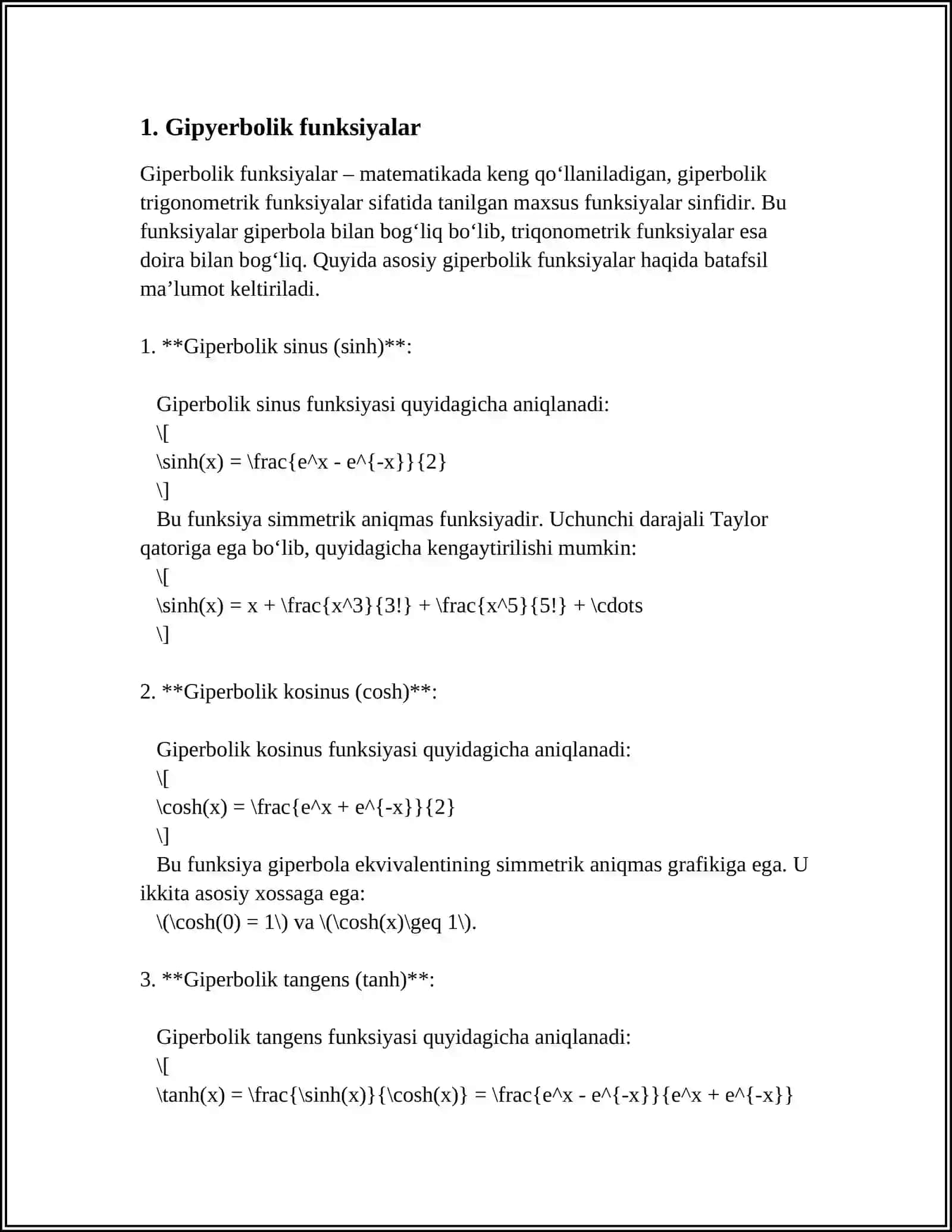 GIPERBOLIK VA TESKARI GIPERBOLIK FUNKSIYALAR. YOPIQ EGRI CHIZIQ BUYICHA OLINGAN INTEGRAL 4
