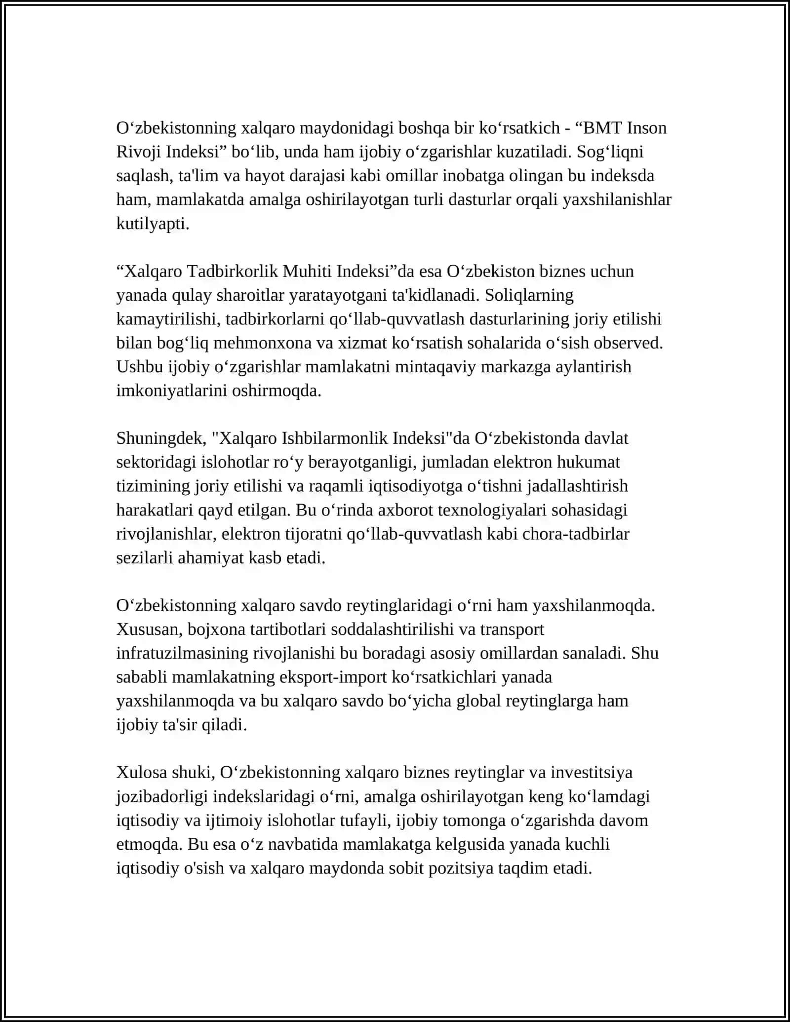 Yangi O‘zbekistonning xalqaro biznes‑reytinglar va investitsiya jozibadorligi indekslaridagi o‘rni 4