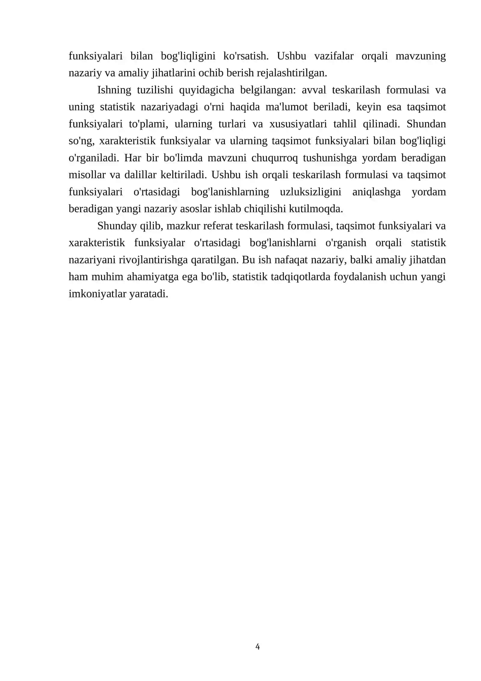 Teskarilash formulasi. Taqsimot funksiyalar to'plami bilan xarakteristik funksiyalar orasidagi moslikning uzsuksizligi 4
