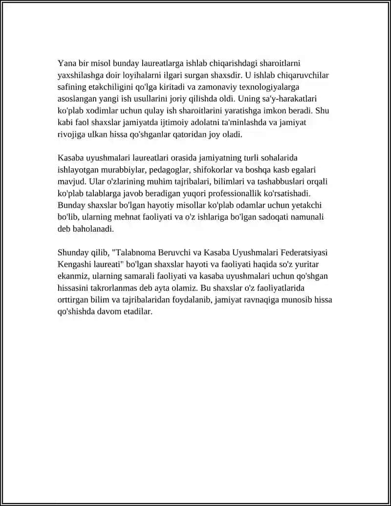 TALABNOMA BERUVCHI VA KASABA UYUSHMALARI FEDERATSIYASI KENGASHI LAUREATI BOʻLGAN 4