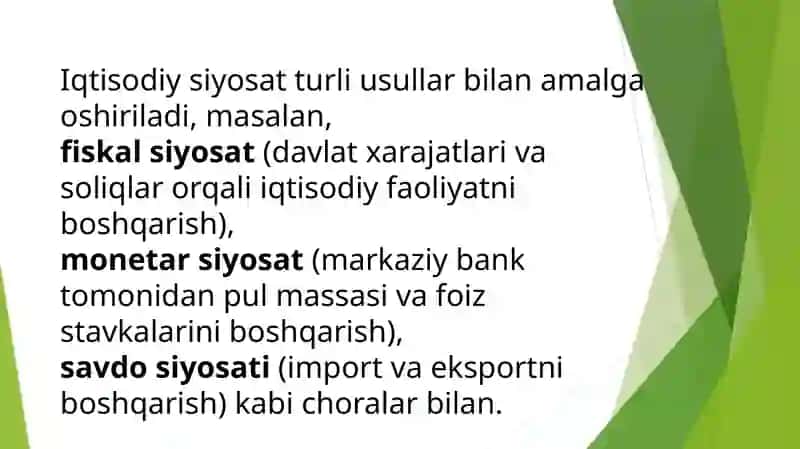 Iqtisodiyot siyosatga kirish.  Davlatning fiskal va monetar siyosati. Iqtisodiy siyosatning dastak va vositalari 4