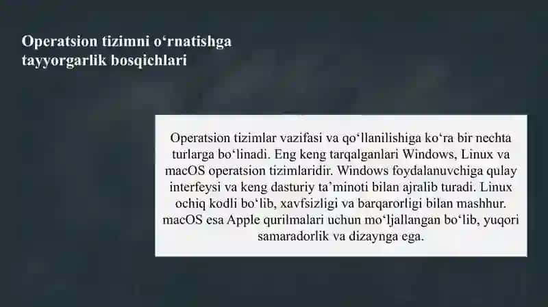 Operatsion tizimni o‘rnatish va sozlash bosqichlari                  Operatsion tizimni o‘rnatish va sozlash bosqichlari 4
