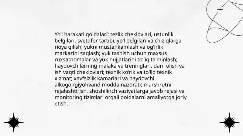 Avtomobilarda tashishda harakat xavfsizligi faoliyatini tashkil etish 4