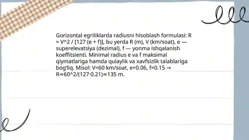 Yoʻl egriliklari va egrilarini batafsil rejalash 4